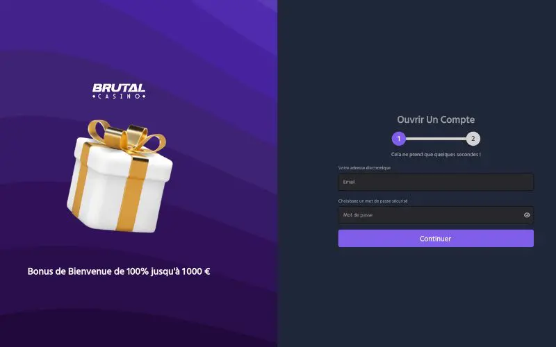 Premier formulaire d'inscription Brutal Casino avec e-mail et mot de passe