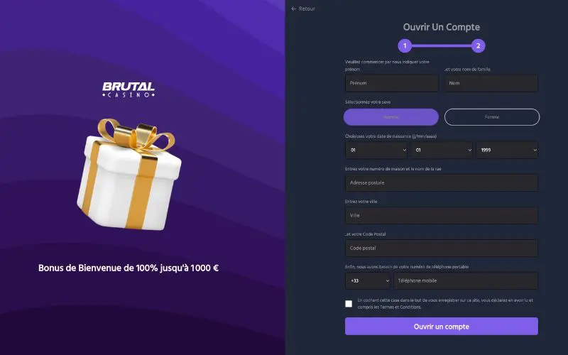 Second formulaire d'inscription Brutal Casino avec les données personnelles