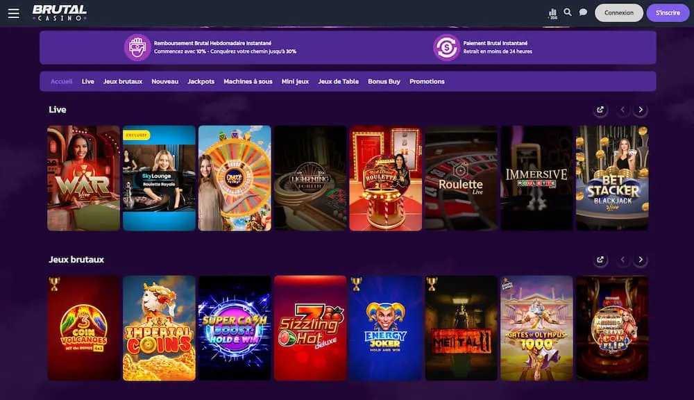 Lobby de Brutal Casino avec les sections Live et jeux brutaux