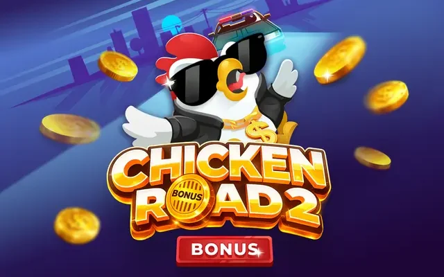 Bannière du jeu Chicken Road 2 Bonus avec la poule et des pièces d'or
