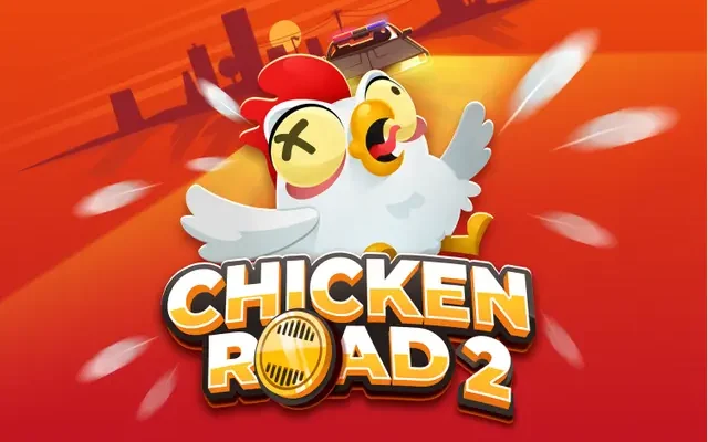 Bannière du jeu Chicken Road 2 avec la poule sur fond rouge