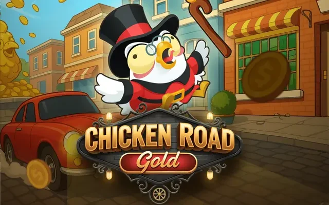Bannière du jeu Chicken Road Gold avec la poule en haut-de-forme